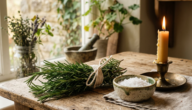 Close-up view of fresh rosemary sprigs tied with cotton string beside a small bowl of salt.