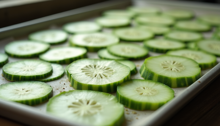 High angle view of bitter melon slices drying on a tray