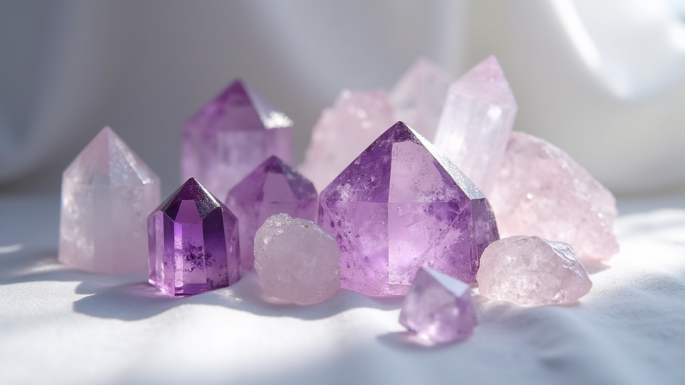 Eye-level view of a collection of amethyst and clear quartz crystals on a white cloth