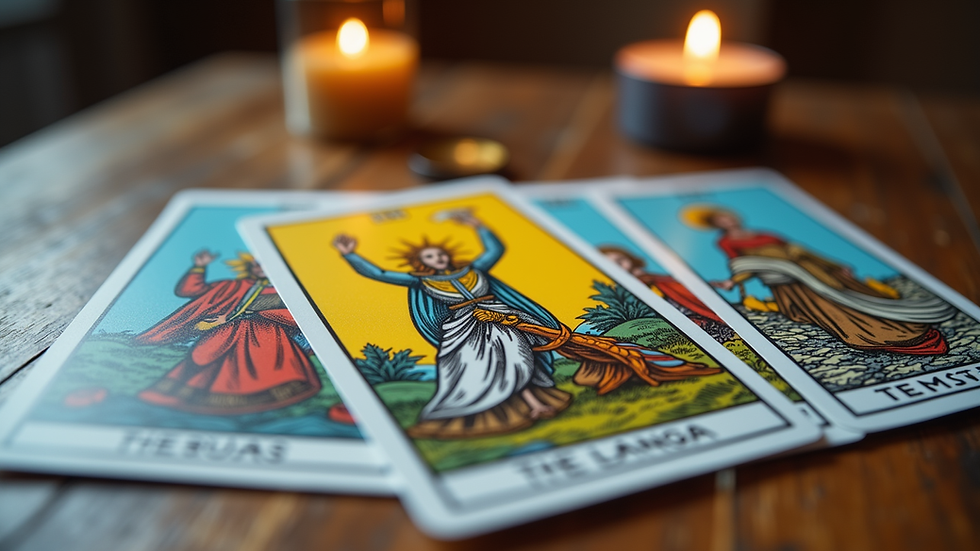 Eye-level view of a colorful Tarot card deck with symbolic imagery