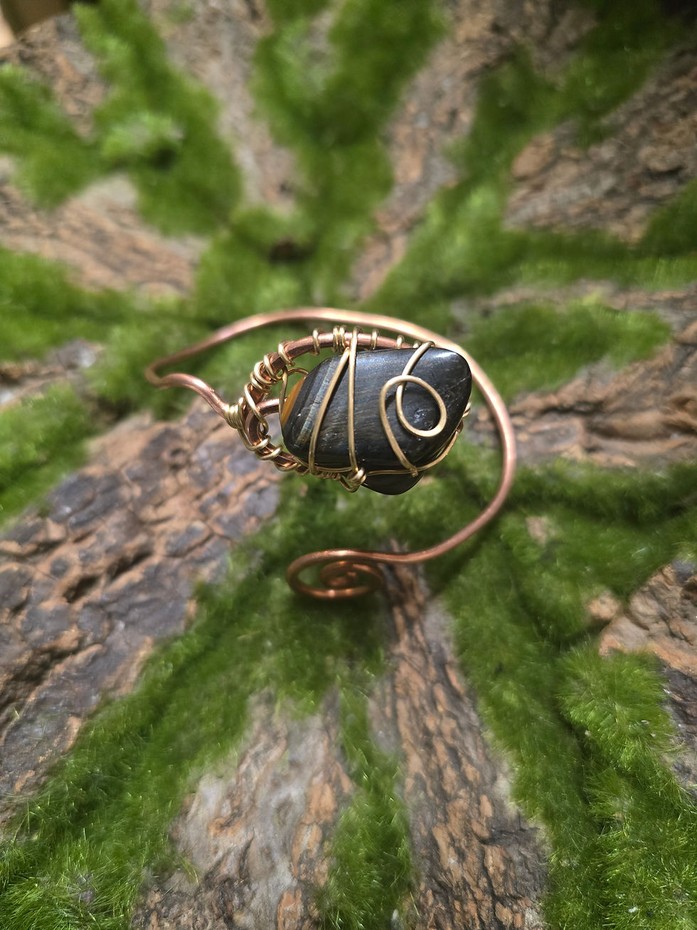 Wire Wrapped Hawks Eye Blue Tiger Eye Bangle