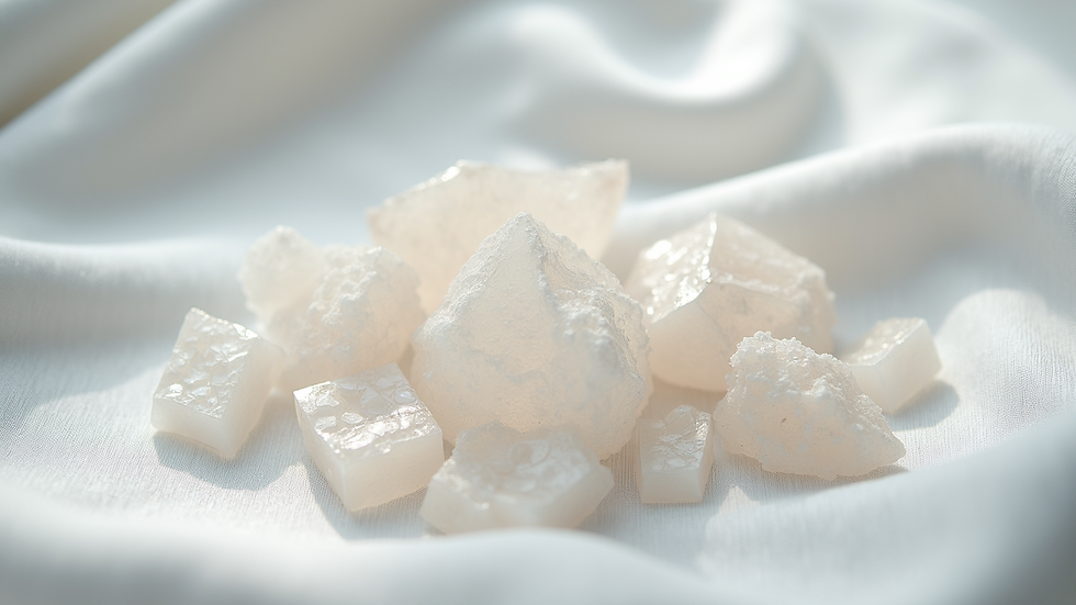 Eye-level view of a collection of mental clarity crystals on a white cloth