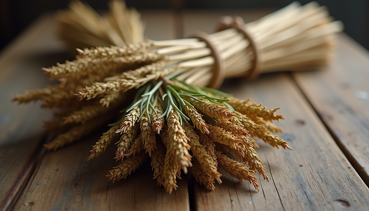 High angle view of dried mullen stalks bundled with other herbs on a wooden table