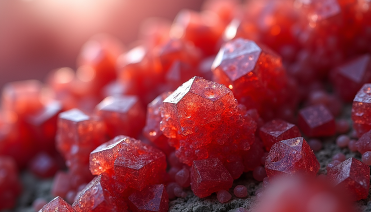 Close-up view of a vibrant red eudialyte crystal cluster