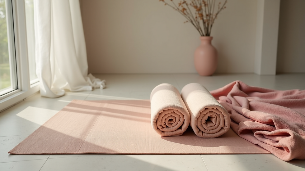Eye-level view of a yoga mat with props ready for a restorative session