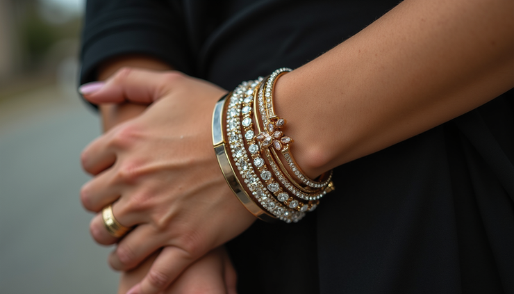 Close-up view of a person wearing layered crystal bracelets on their wrist