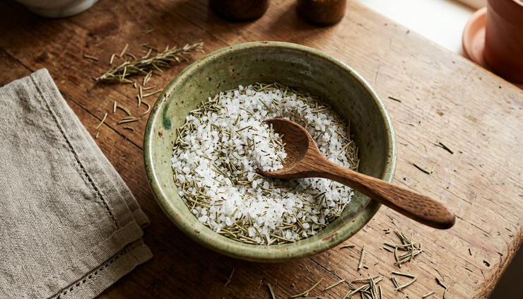 Overhead view of a rustic bowl of rosemary salt with dried herbs and a wooden spoon.