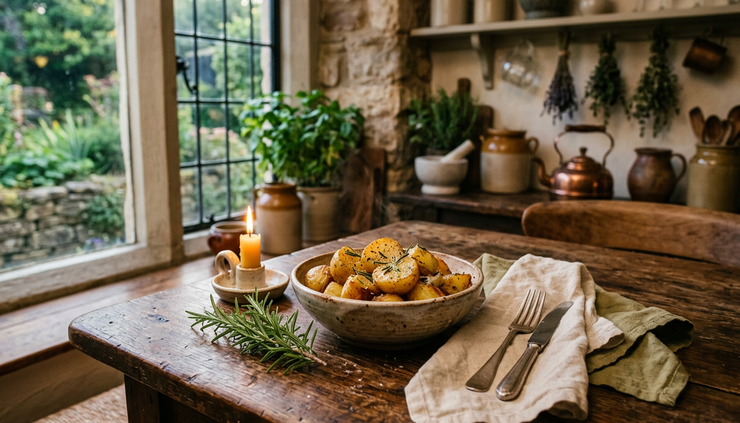 Wide-angle view of a cozy kitchen table set with roasted potatoes, rosemary, and a lit candle.