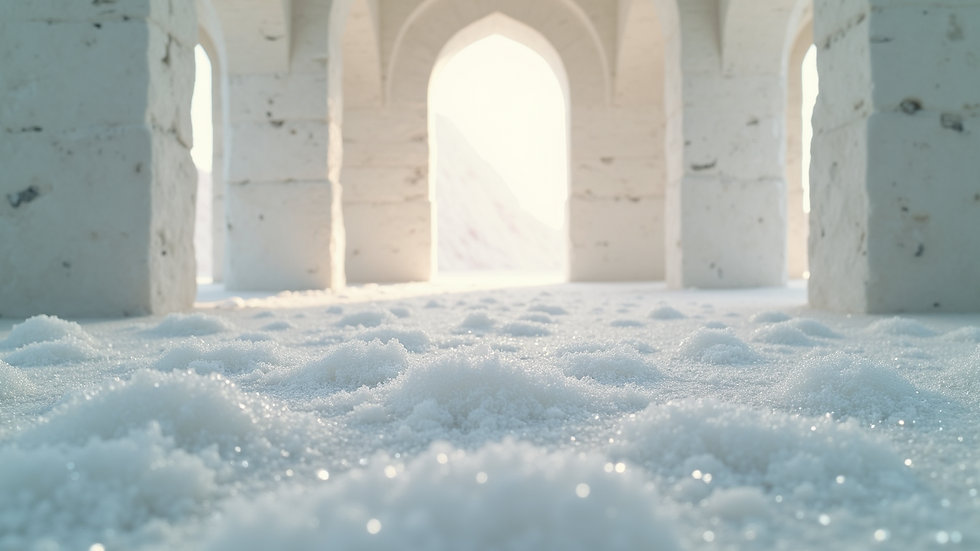 Close-up view of fine salt crystals on the floor of a salt room