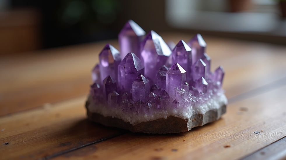 Close-up view of polished amethyst crystal cluster on a wooden surface