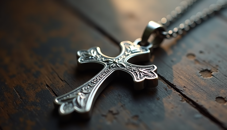 Close-up view of a silver Cross of Caravaca pendant with intricate details