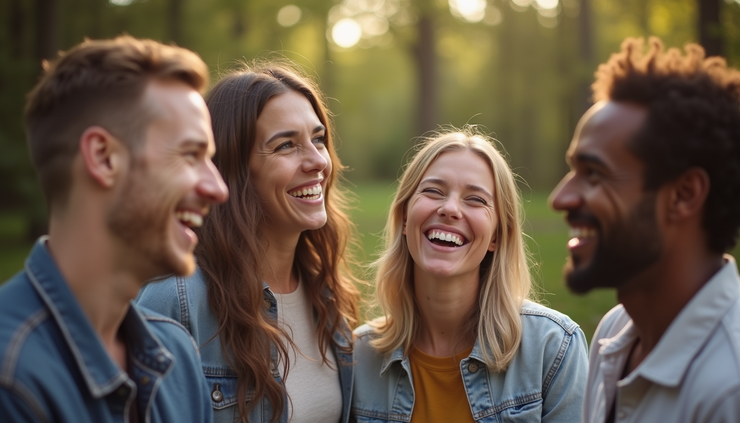 Close-up view of a group of friends laughing together outdoors