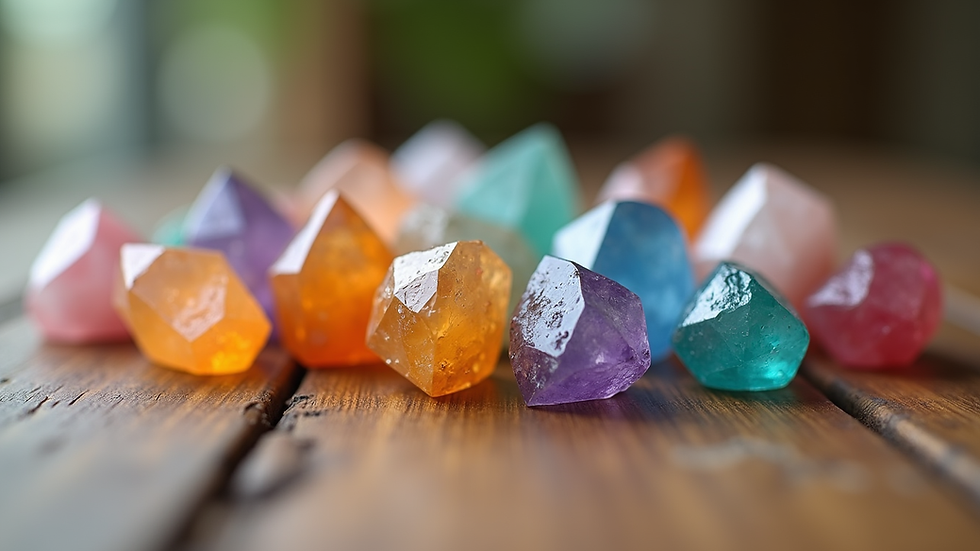 Close-up view of a small collection of colorful healing crystals on a wooden surface