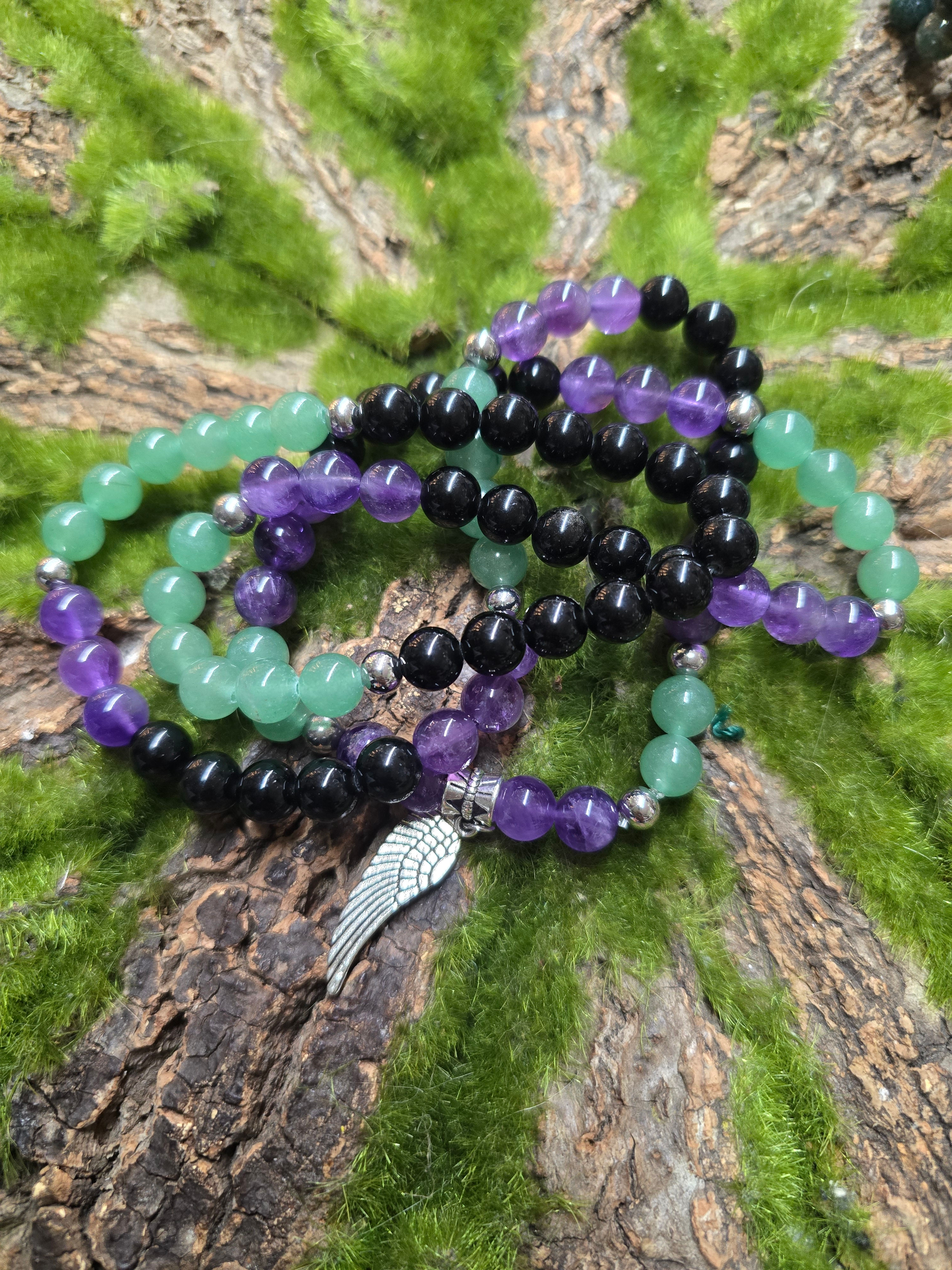 Amethyst Green Aventurine Black Obsidian Mala