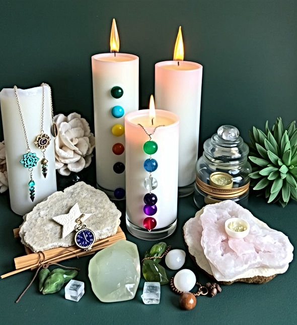 crystal jewelry, chakra candles, sage, incense, crystal decor, green inspiration .jpg