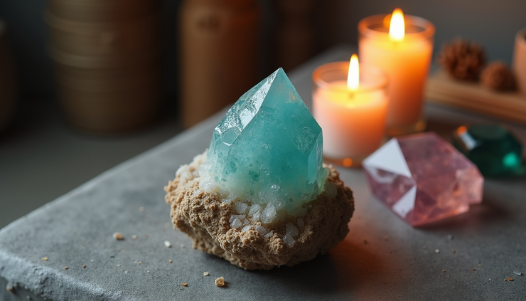High angle view of a trolleite crystal placed on a meditation altar surrounded by candles and other crystals