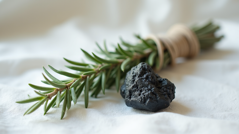 Eye-level view of sage bundle and black tourmaline on a white cloth