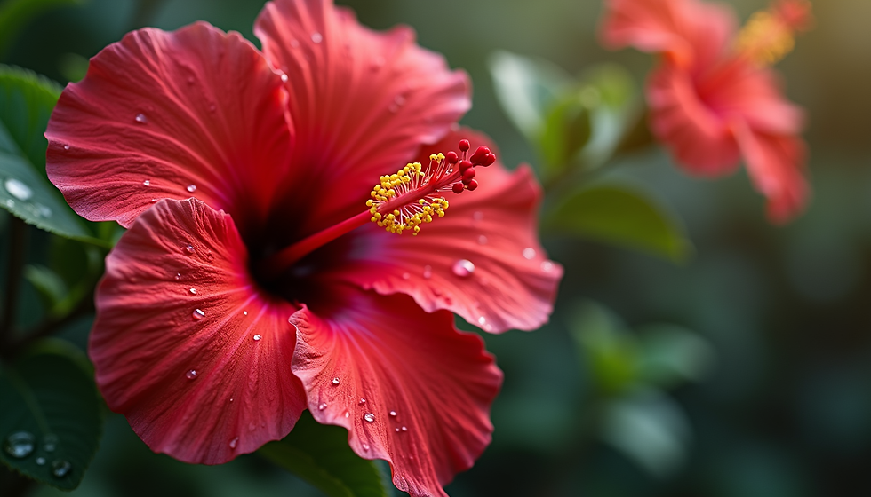 Deep red hibiscus flower with morning dew, vibrant and fresh