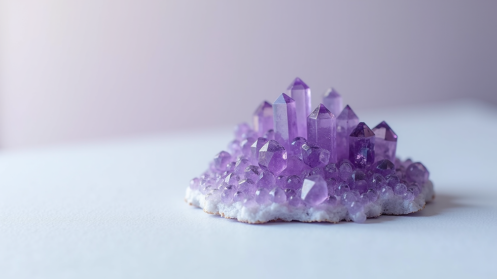 Eye-level view of a soft blue and purple amethyst cluster on a white surface