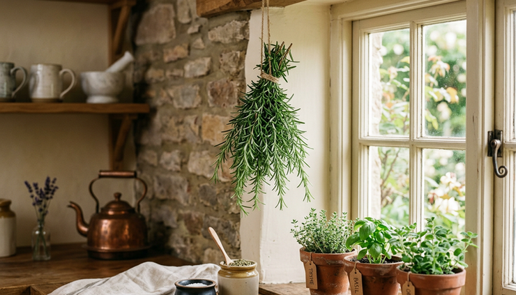 Eye-level view of a rosemary bundle hanging beside a sunny kitchen window.
