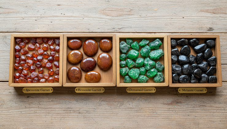 Overhead view of orange, cinnamon, green, and black garnets arranged by color.
