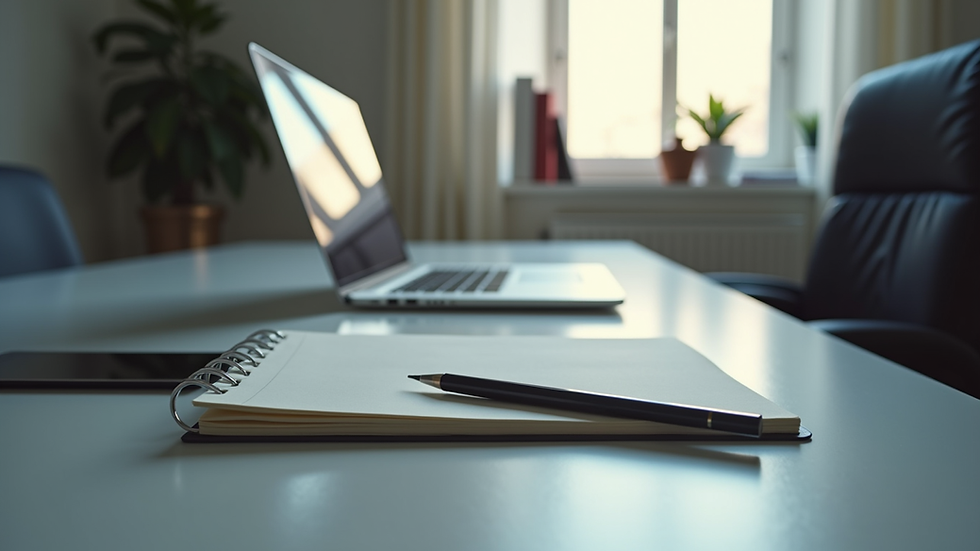 Eye-level view of a modern workspace with a laptop and notebook