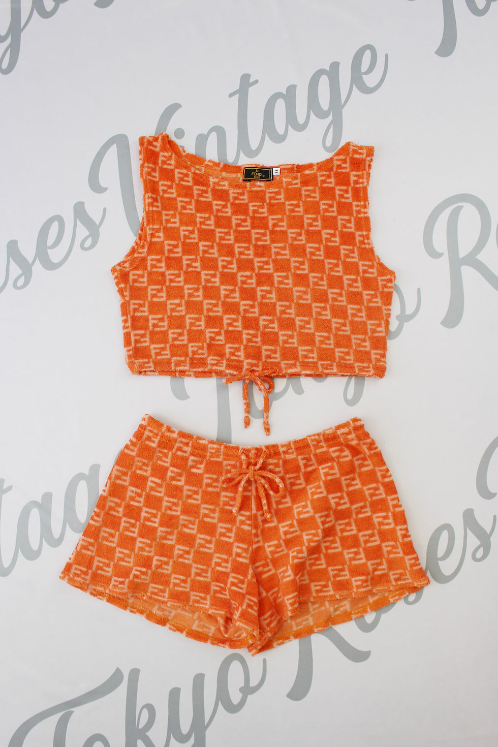 Thumbnail: Orange Fendi Logo Print Crop Top & Shorts SET