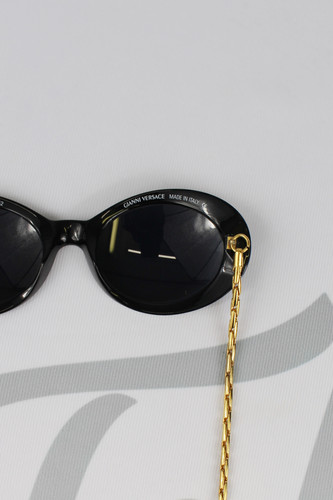Vintage 1990s Versace Black Oval Chain Arm Sunglasses Medusa Logo