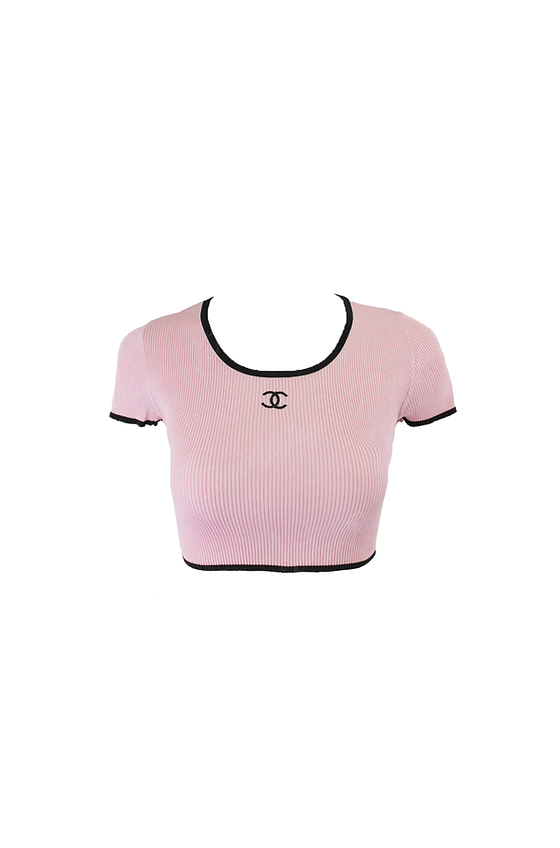 CHANEL グローブ Chanel Pink Black Ribbed Crop Top 1995 | Tokyo Roses Vintage