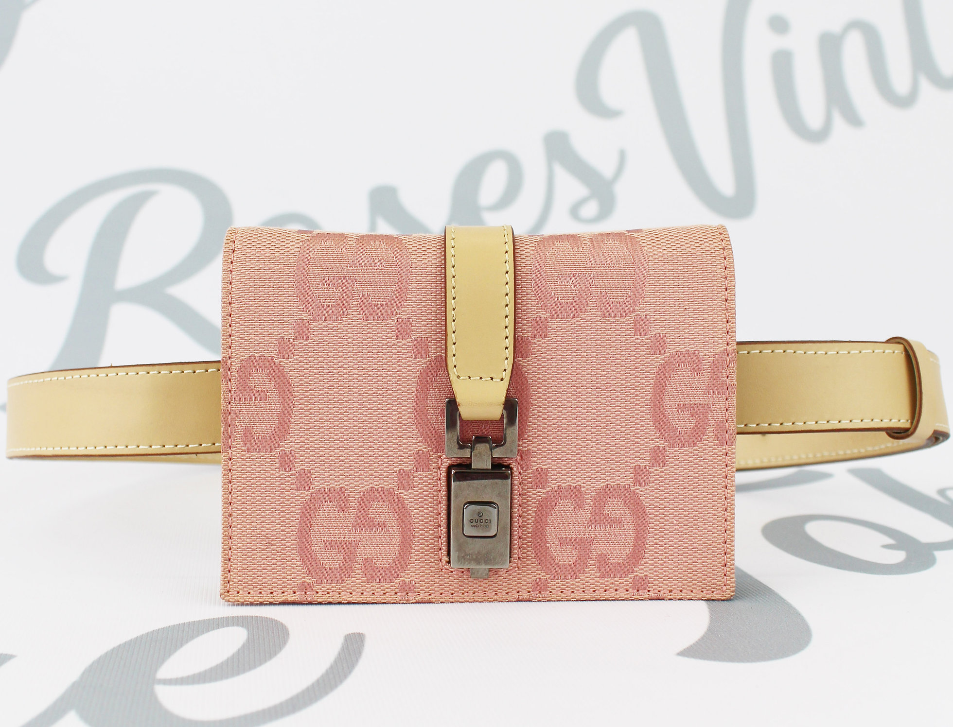 Pink Gucci GG Monogram Fanny Pack Bum Bag Crossbody Belt Tokyo Roses Vintage