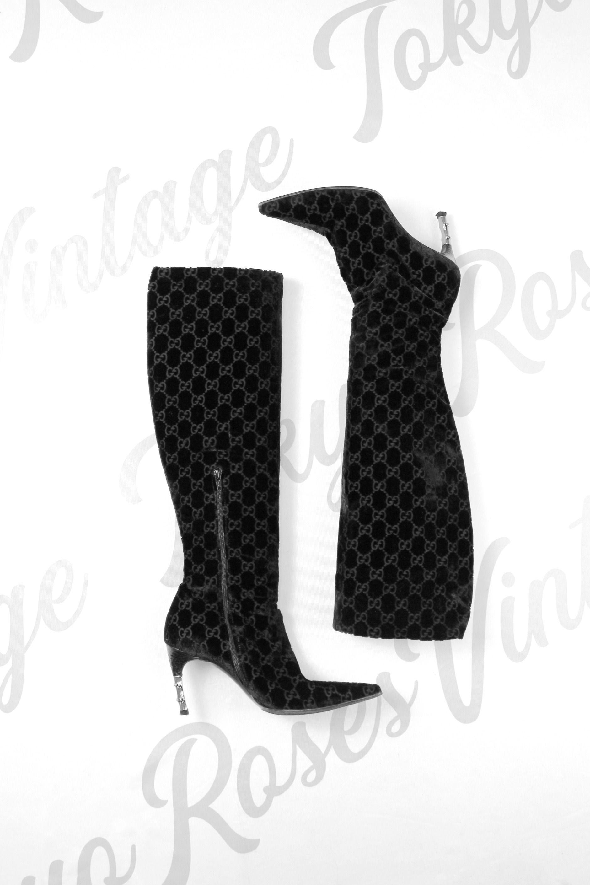 Gucci Black Logo Velvet Boots