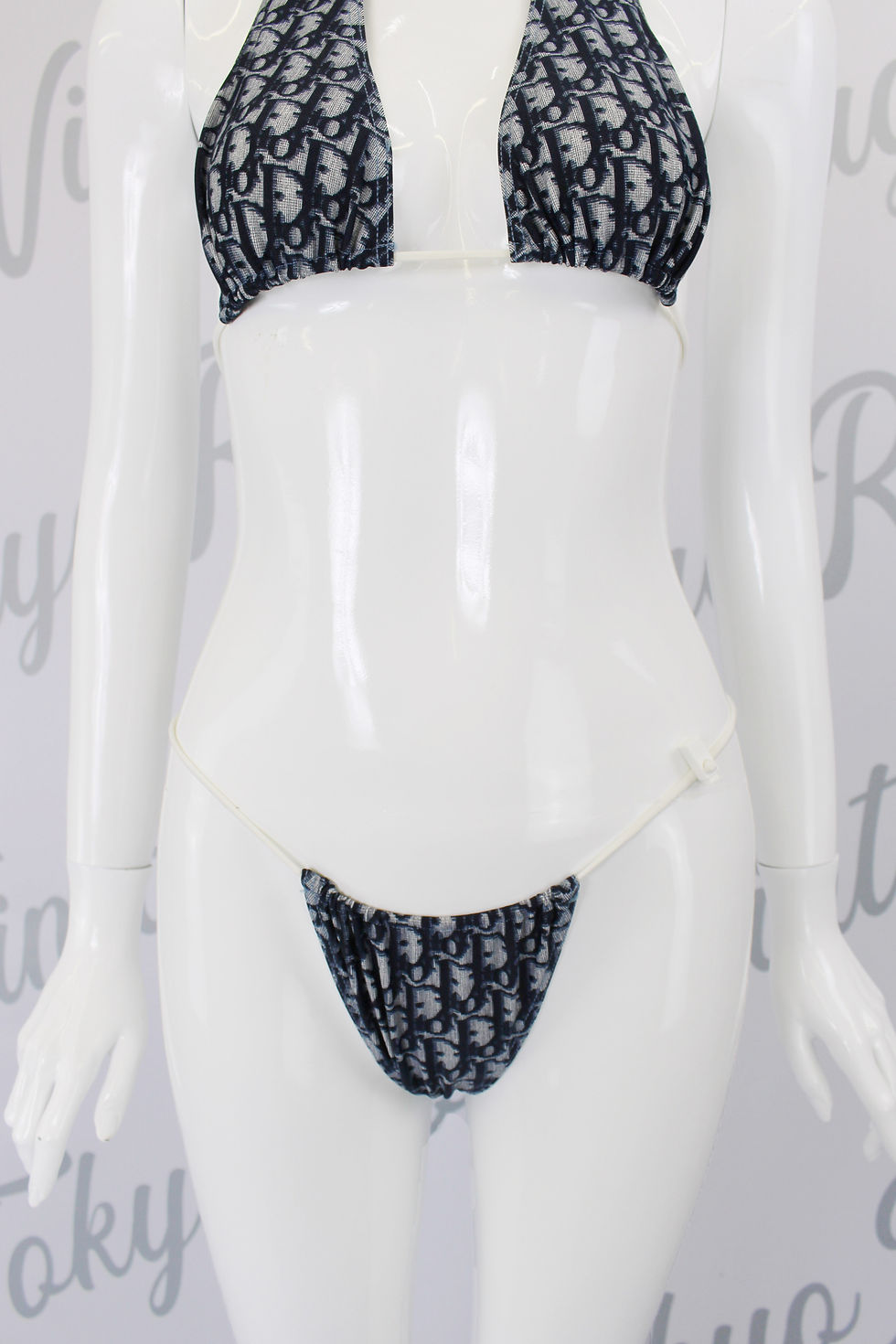 Thumbnail: Christian Dior Navy Blue Logo String Bikini