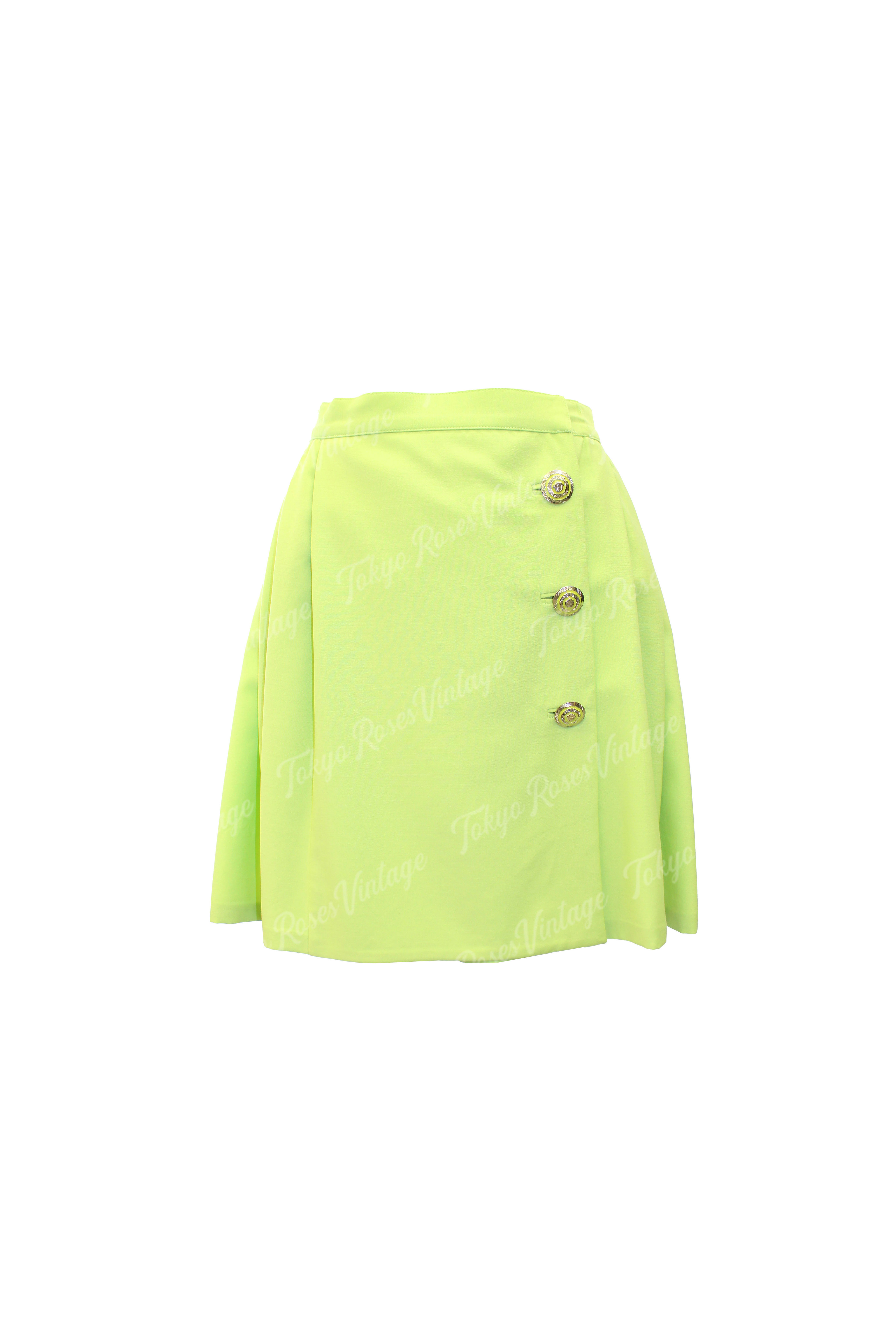 Vintage Gianni Versace Bright Green Pleated Skirt Medusa Buttons