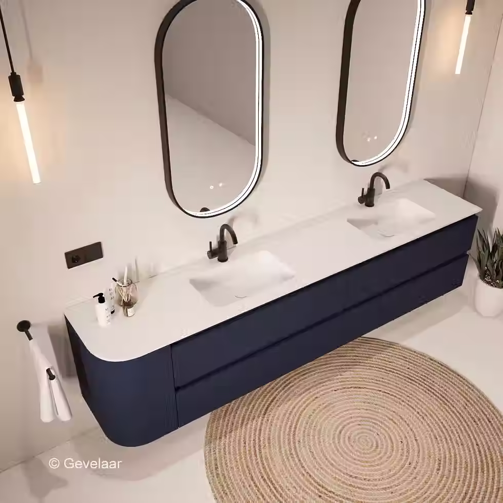 Thumbnail: Tanaro SoXeL badmeubel intens blauw dubbele wastafel mat wit 230cm
