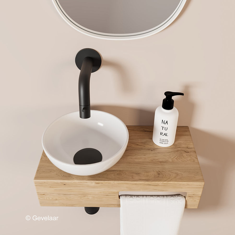 Tanaro Oasis fonteinset eiken met waskom wit - inbouwkraan mat zwart - links