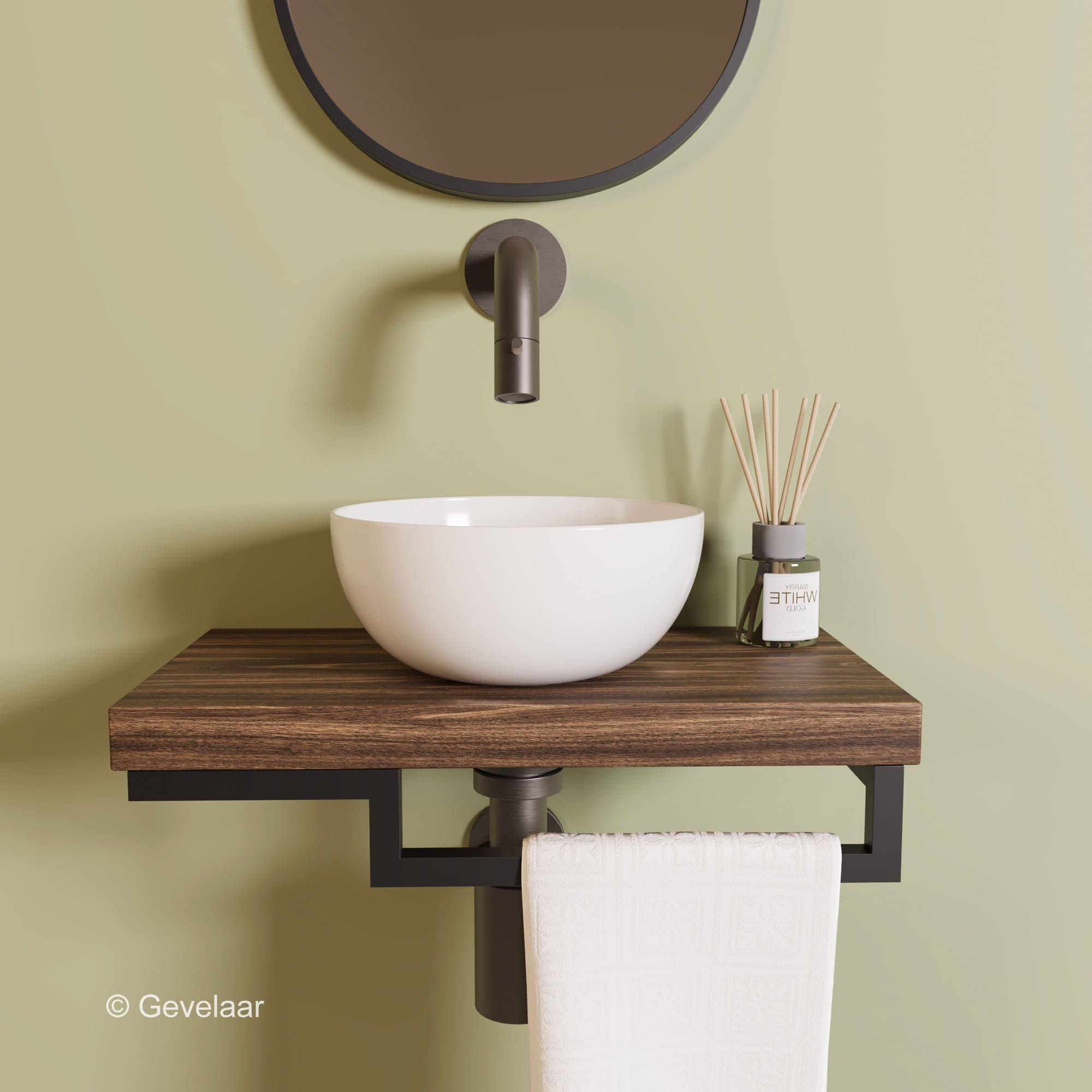 Proline TOP Cabana fonteinset inb kraan gunmetal kom 20cm glans wit houder R