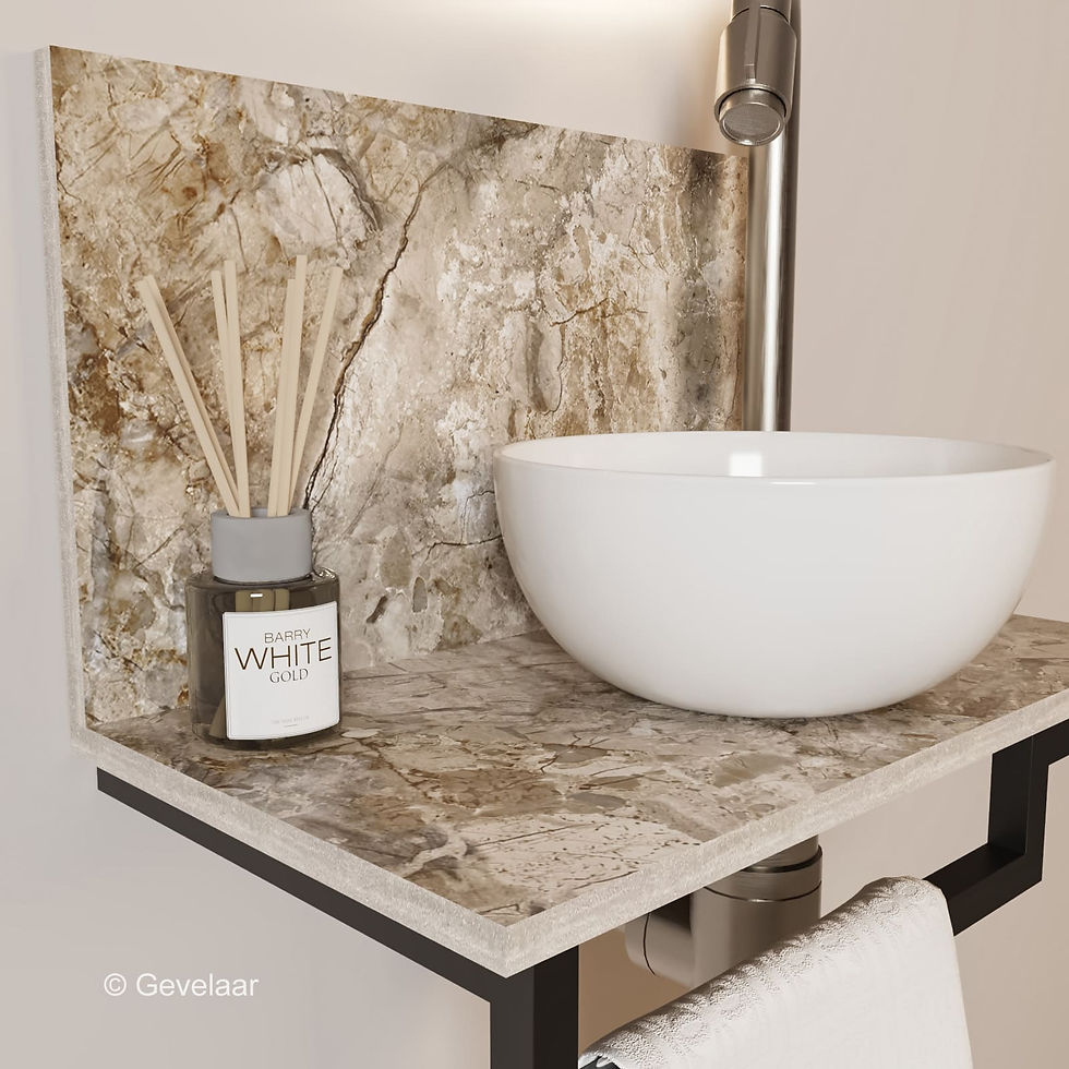 Thumbnail: Tanaro Marqstone fonteinset earth glossy wand kraan bo RVS kom wit houder L