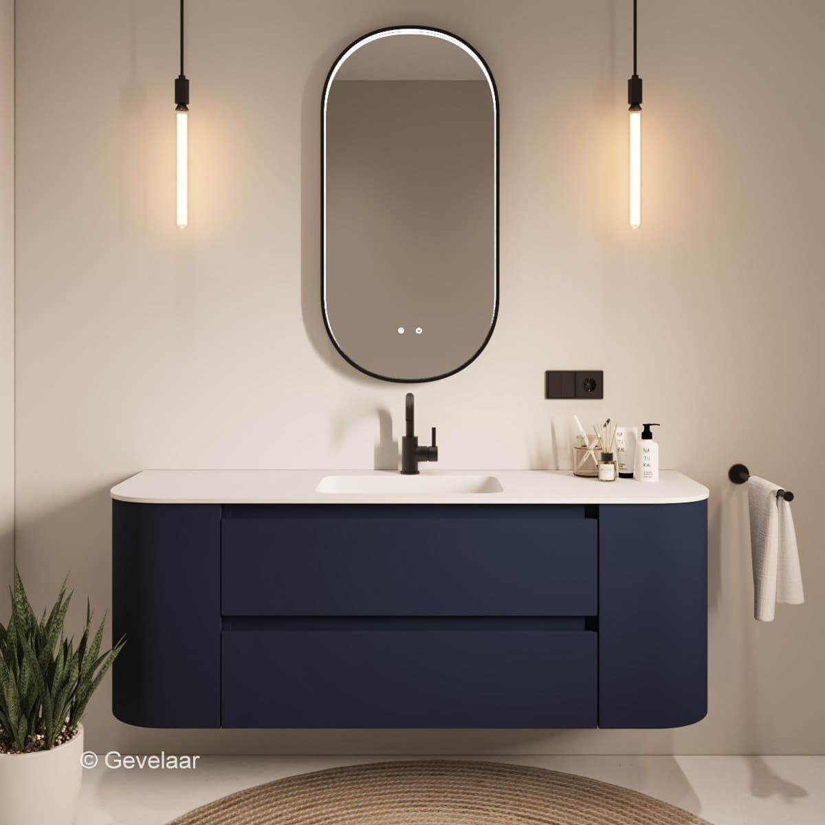 Tanaro SoXel badmeubel van 150 cm in intens blauw met afgeronde hoeken en mat witte wastafel