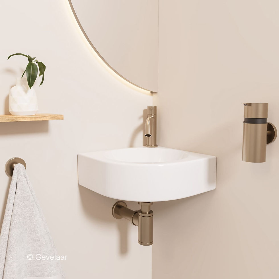 Thumbnail: Fonteinset in toiletruimte met fonteinmeubel, waskom, fonteinkraan en afvoerplug.
