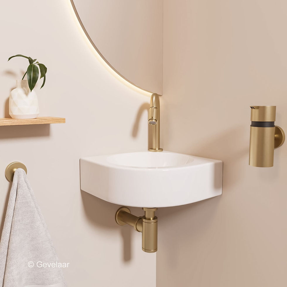 Thumbnail: Fonteinset in toiletruimte met fonteinmeubel, waskom, fonteinkraan en afvoerplug.