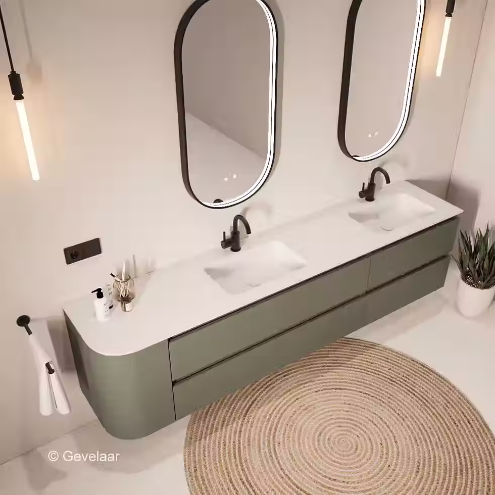 Thumbnail: Tanaro SoXeL badmeubel Olijf groen afgeronde hoek dubbele wastafel mat wit 220cm