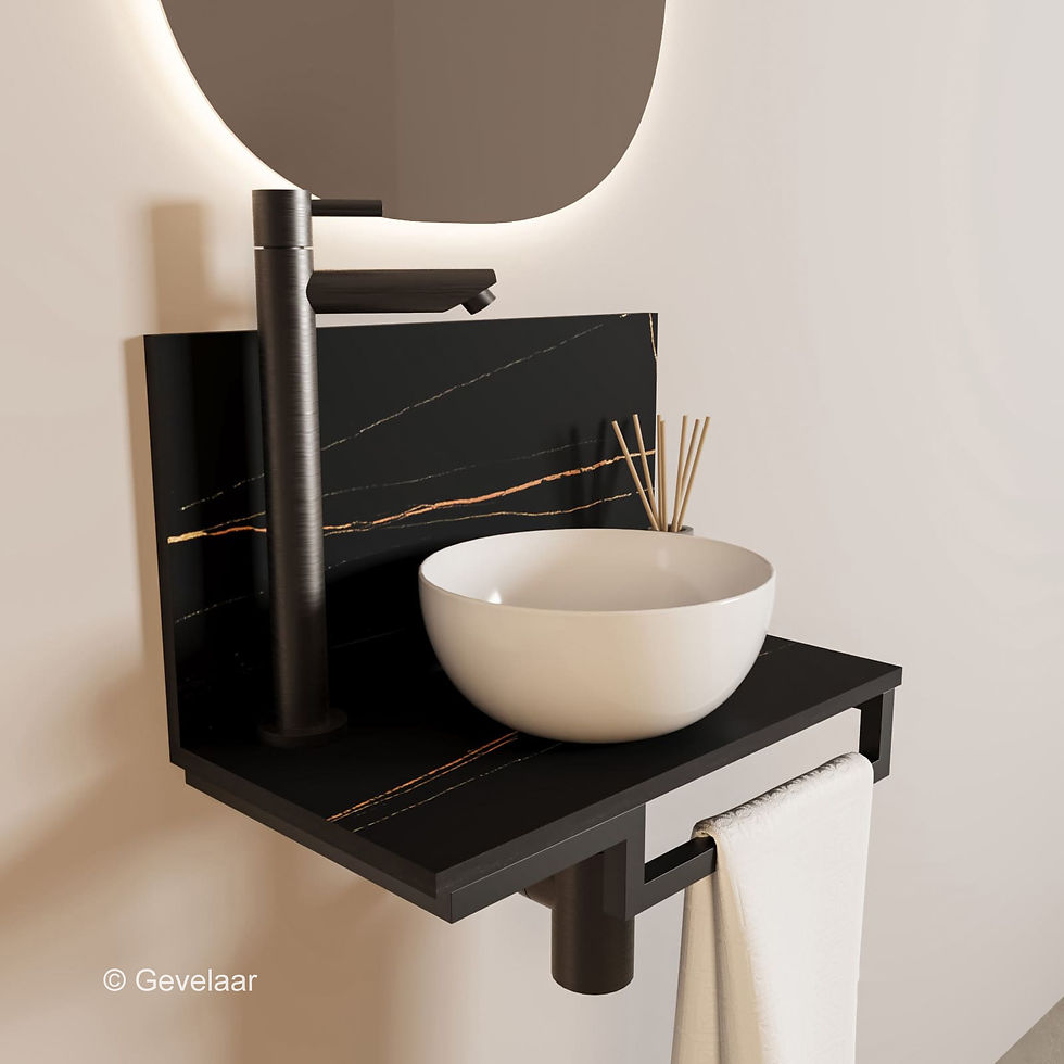 Thumbnail: Tanaro Marqstone fonteinset zwart wand kraan gunmetal kom 20cm wit houder R