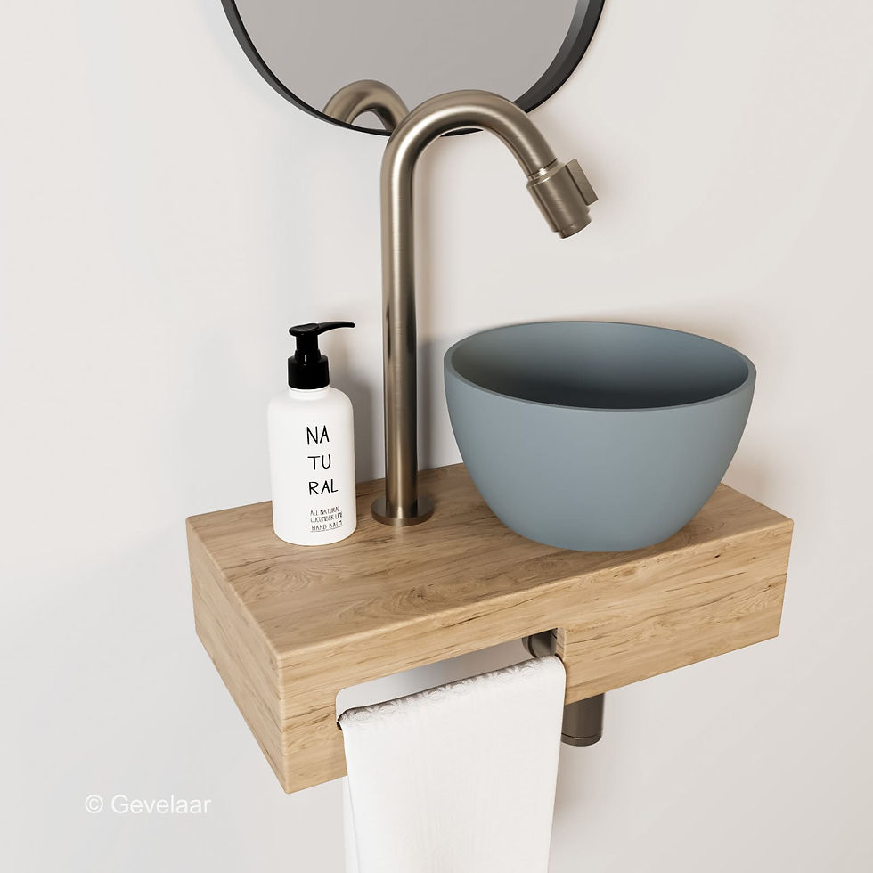 Arcqua Olivia fonteinset eikenhout waskom mat grijs rechts kraan bo RVS