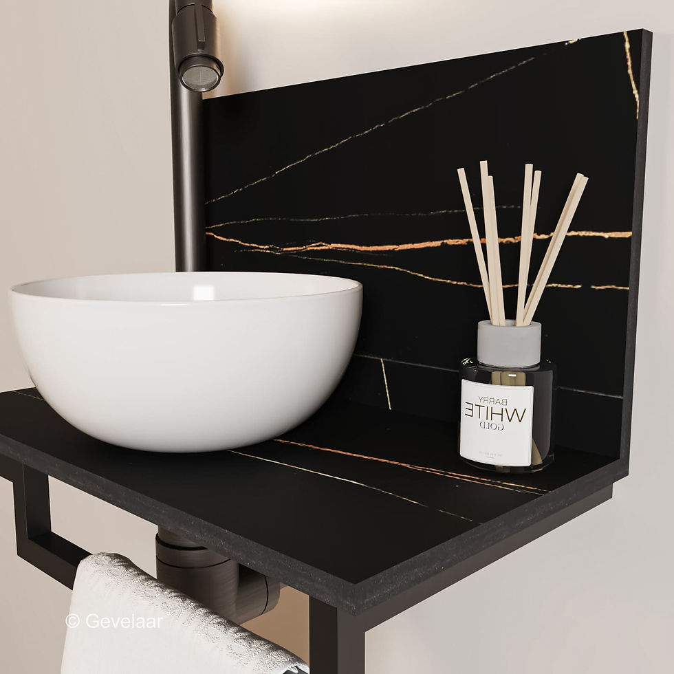 Thumbnail: Tanaro Marqstone fonteinset zwart wand kraan bo gunmetal kom 20cm wit houder R