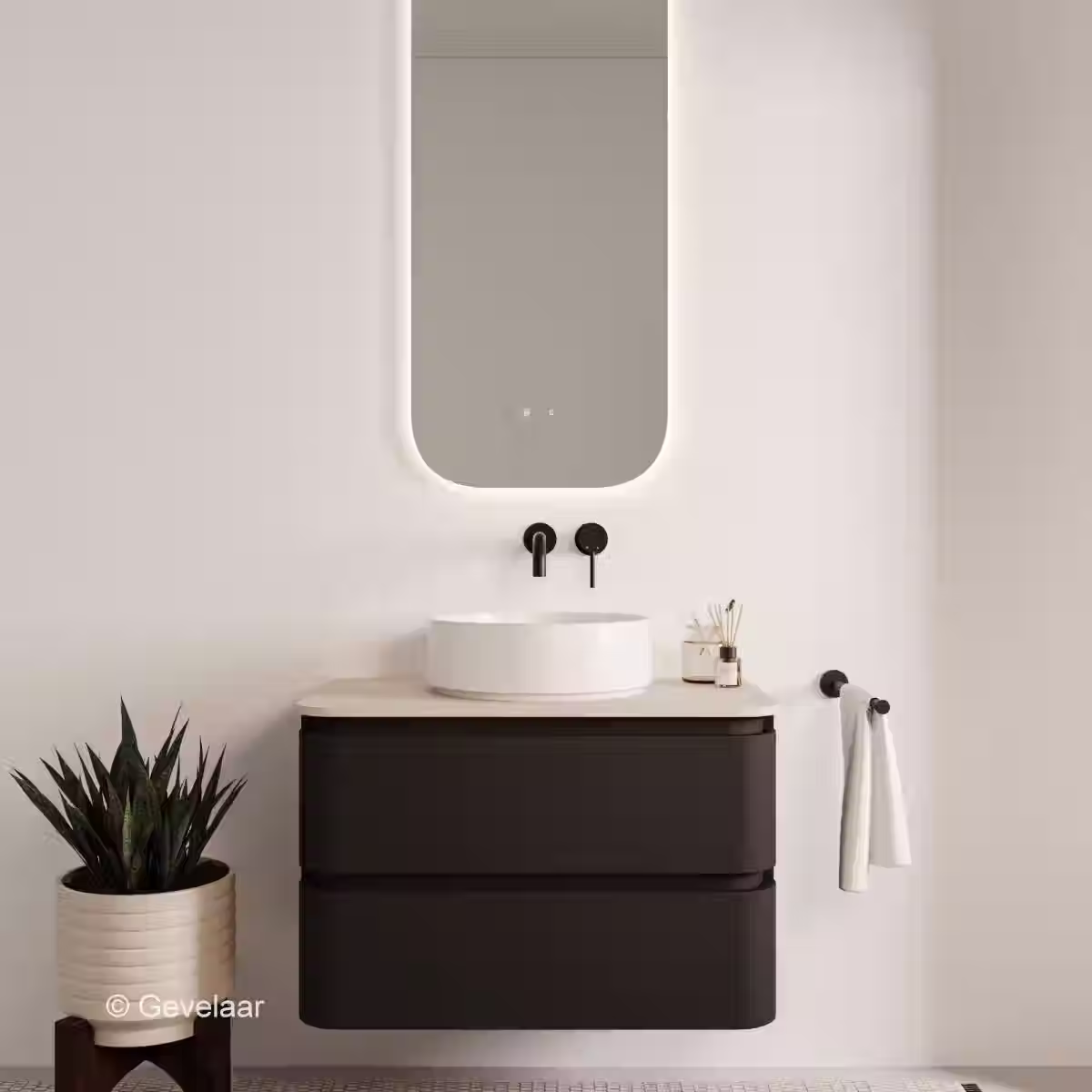 Tanaro Shell badmeubel in mat zwart met afgerond afdekblad in mat zand, 80 cm, met witte opbouw waskom