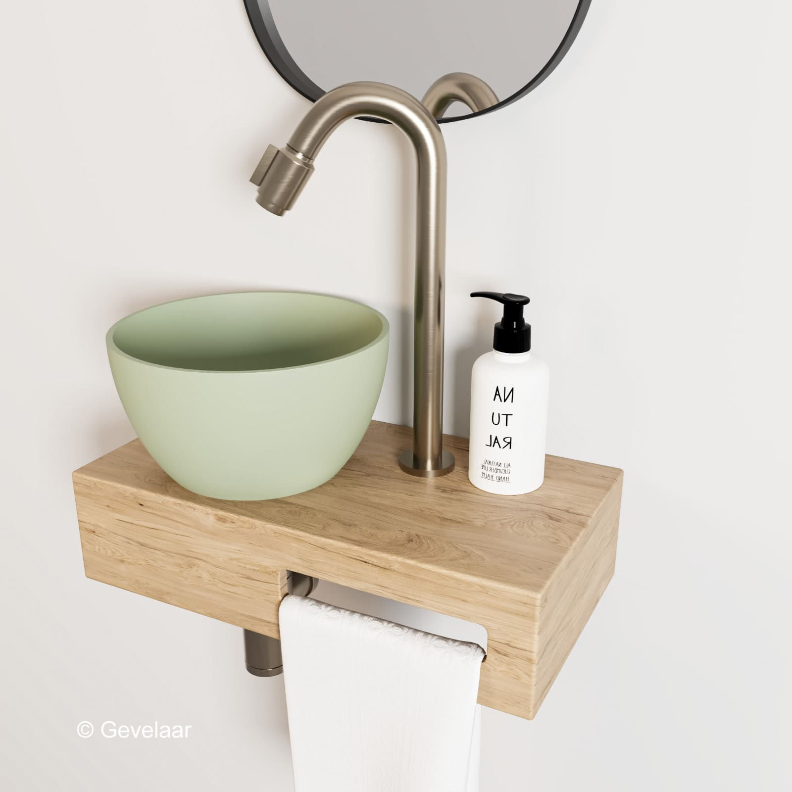 Arcqua Olivia fonteinset eikenhout waskom pastel groen links kraan bo RVS