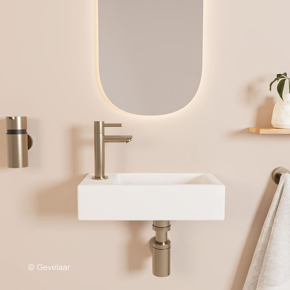 Thumbnail: Tanaro Ceva fonteinset in minimalistische toiletruimte met mat witte wasbak links, rechte fonteinkraan in RVS.