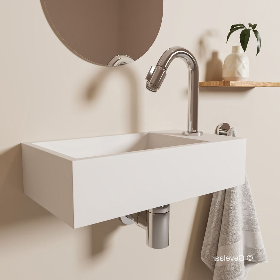 Thumbnail: Tanaro Eva fonteinset wasbak mat wit rechts solid surface gebogen kraan chroom