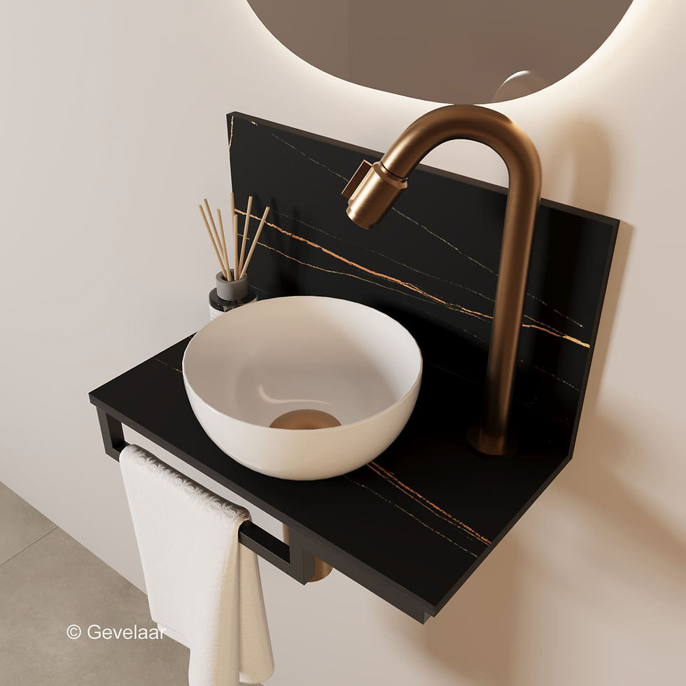 Thumbnail: Tanaro Marqstone fonteinset zwart wand kraan bo br koper kom 20cm wit houder L