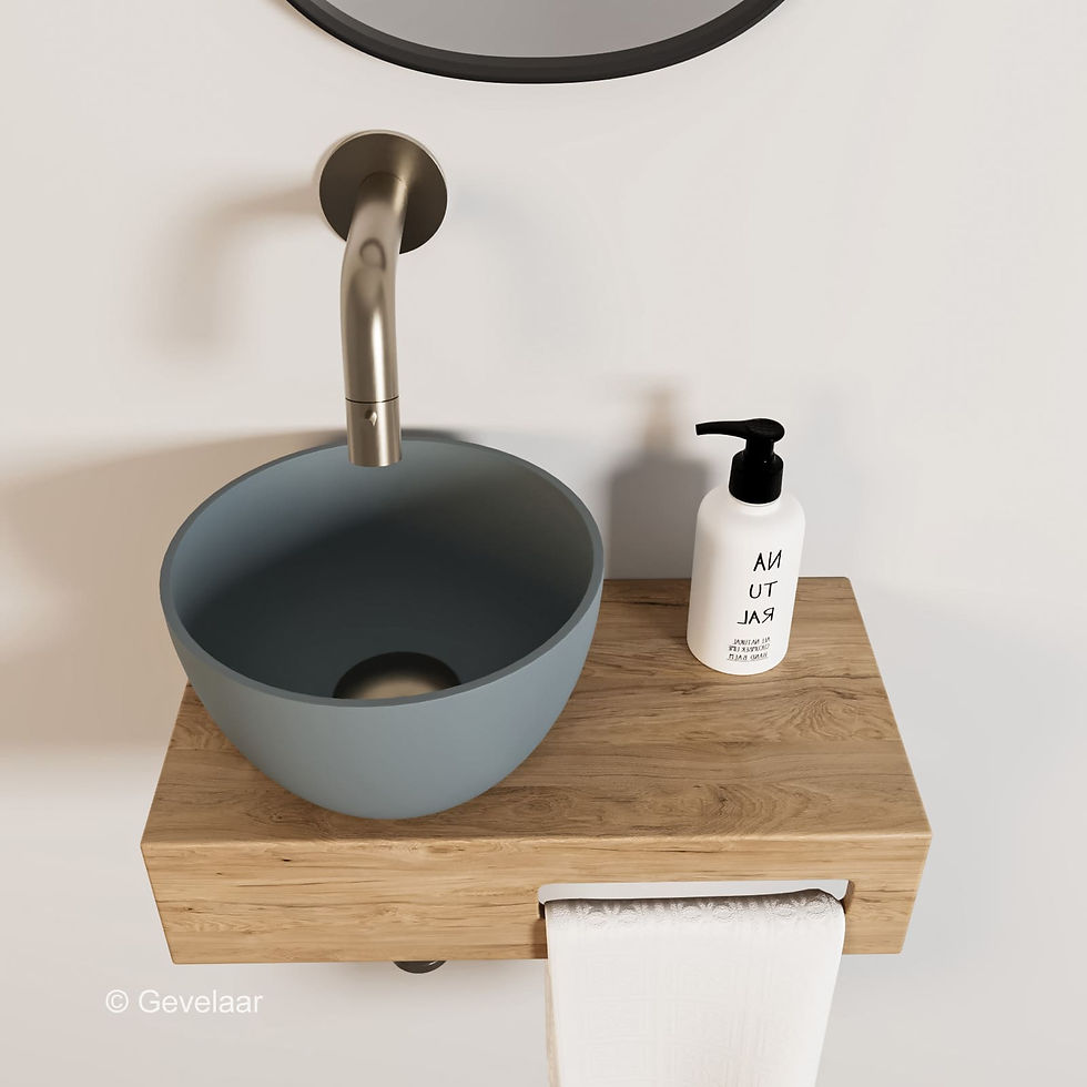 Arcqua Olivia fonteinset eikenhout waskom mat grijs links inbouwkraan RVS